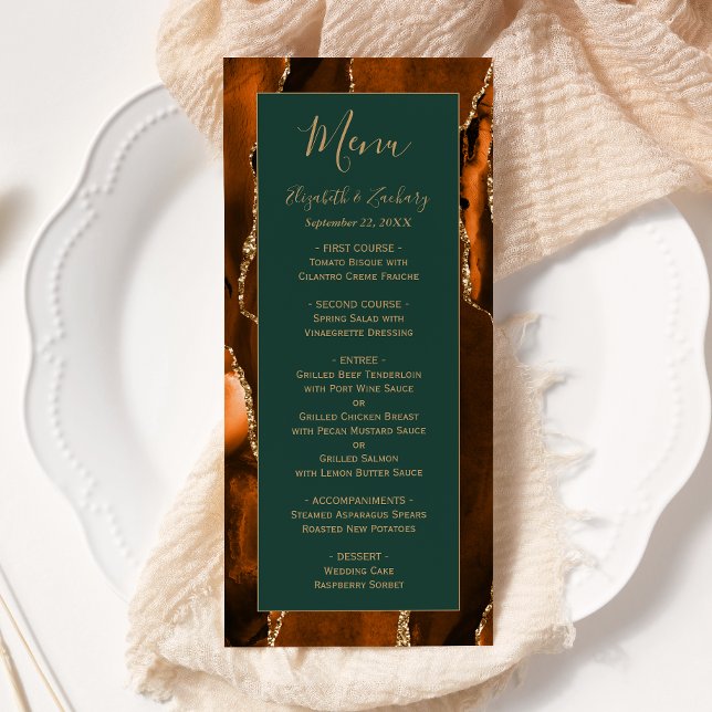 Modern Burnt Orange Gold Agate Dark Green Wedding Menu (Creator Uploaded)
