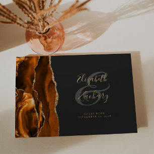Modern Burnt Orange Gold Agate Dark Guest Book