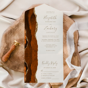 Modern Burnt Orange Gold Agate Ivory Wedding All In One Invitation