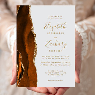 Modern Burnt Orange Gold Agate Pale Grey Wedding Invitation