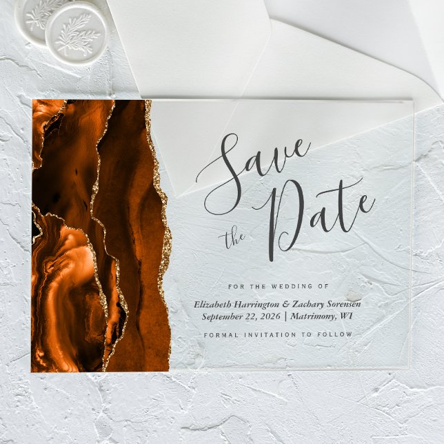 Modern Burnt Orange Gold Agate Save the Date Card Acrylic Invitations (Creator Uploaded)