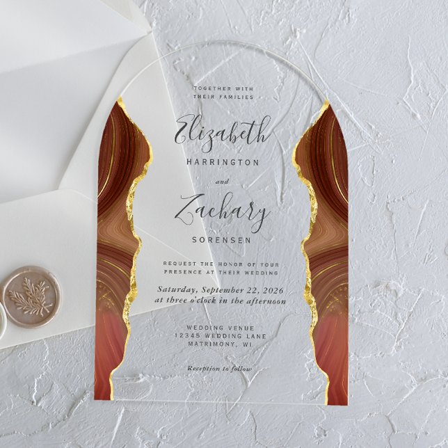 Modern Burnt Orange Gold Agate Wedding Arch Acrylic Invitations (Creator Uploaded)