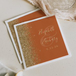 Modern Burnt Orange Gold Glitter Edge Wedding Napkin