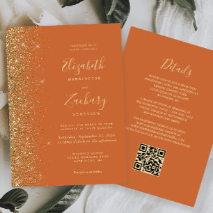 Modern Burnt Orange Gold Glitter QR Code Wedding Invitation