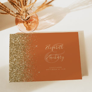 Modern Burnt Orange Gold Glitter Script Guest Book