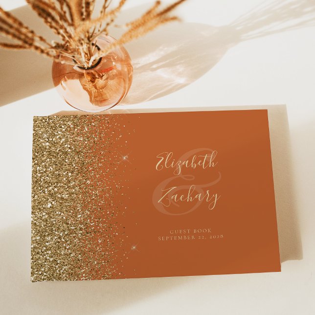 Modern Burnt Orange Gold Glitter Script Guest Book (Creator Uploaded)