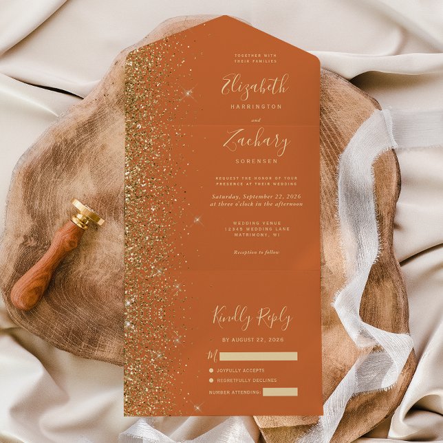 Modern Burnt Orange Gold Glitter Wedding All In One Invitation (Creator Uploaded)