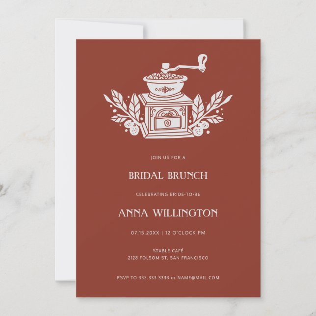 Modern Burnt Orange Linocut Bridal Shower Brunch Invitation (Front)