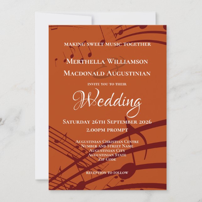 Modern Burnt Orange Music Notes Wedding Invitation (Front)