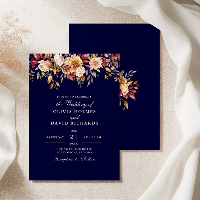 Modern Burnt Orange Navy Blue Wildflowers Wedding Invitation (Modern Burnt Orange Navy Blue Wildflowers Wedding Invitation on an elegant silky tablecloth)
