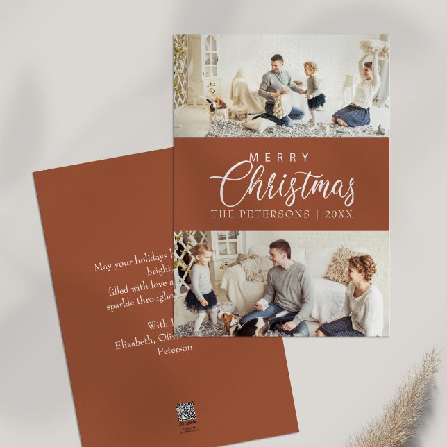 Modern Burnt Orange Photo Collage Christmas  Holiday Card (Modern Burnt Orange Photo Collage Christmas Holiday Card on white table.)