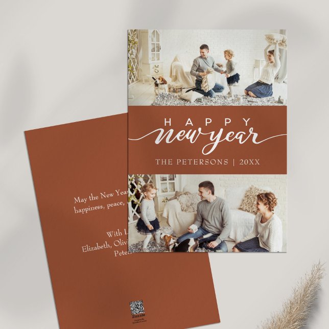 Modern Burnt Orange Photo Collage New Year Holiday Card (Modern Burnt Orange Photo Collage New Year Holiday Card on a table.)
