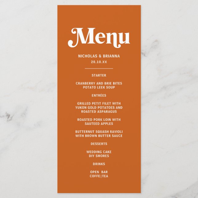 Modern Burnt Orange Retro Boho Wedding Menu (Front)