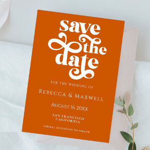 Modern Burnt Orange Retro Typography Wedding Save The Date