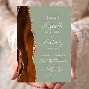 Modern Burnt Orange Sage Green Agate Wedding Invitation