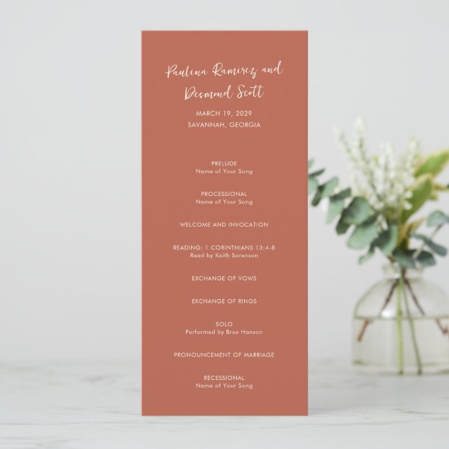 Modern Burnt Orange Simple Wedding Programme (Standing Front)