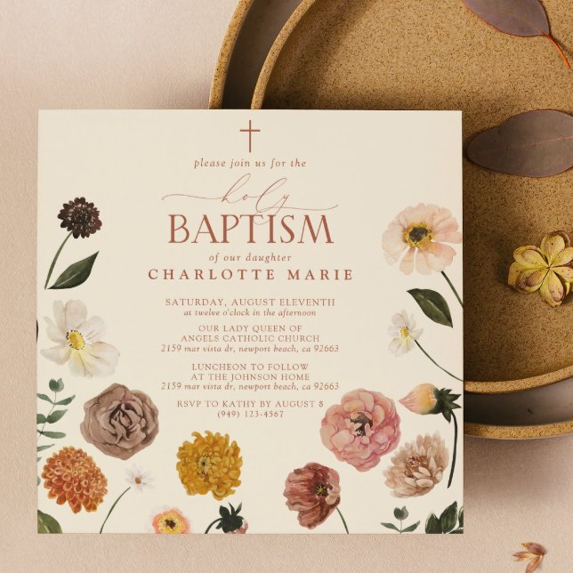 Modern Burnt Orange Terracotta Floral Holy Baptism Invitation (Holy Baptism Invitation)