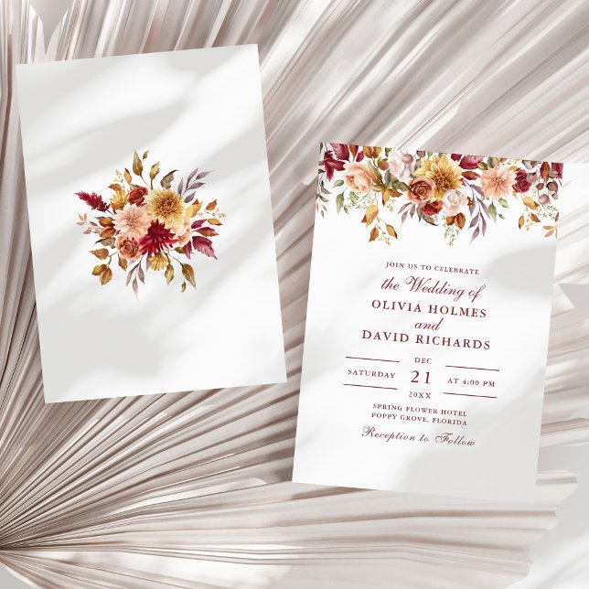 Modern Burnt Orange Terracotta Wildflowers Wedding Invitation (Modern Burnt Orange Terracotta Wildflowers Wedding Invitation on a sunny neutral dry palm leaf.)