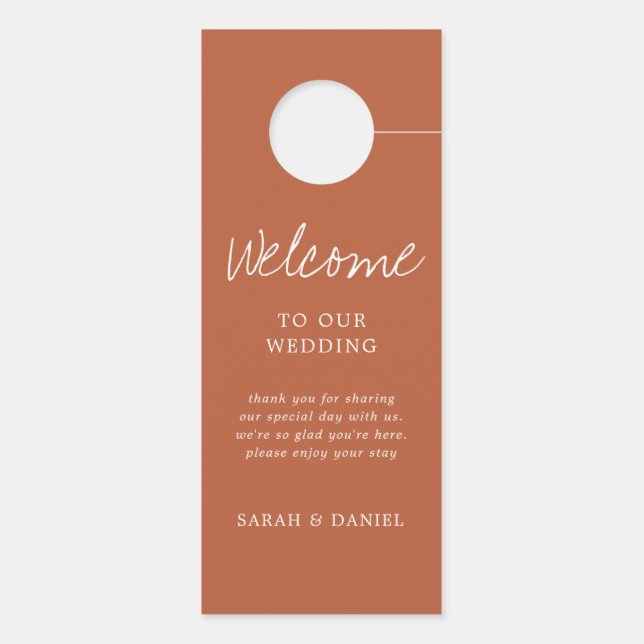 Modern Burnt Orange Wedding Welcome Door Hanger (Back)