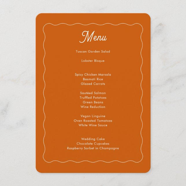 Modern Burt Orange Wave Frame Script Wedding Menu (Front)