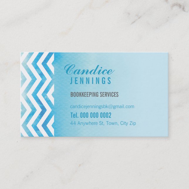 MODERN BUSINESS CARD : chevron watercolor blue (Front)