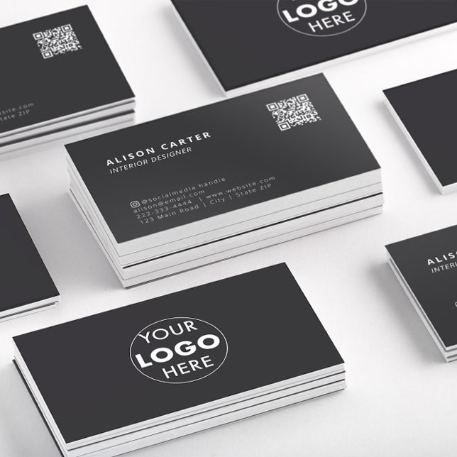 Modern Business Cards | QR Code + Logo | Ash Black (Stacks of ash black business cards showing the front of the card with QR code and logo at the back.)
