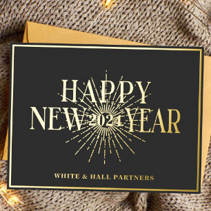 Modern Business Happy New Year Logo   Black Gold  Foil Holiday Card