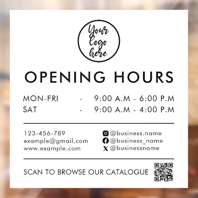 Modern Business Hours QR Code Logo Contact Info Window Cling (Sheet 2)