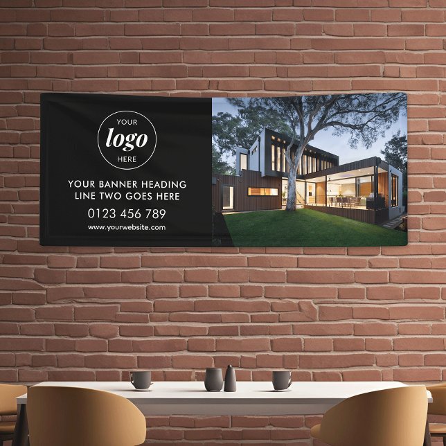 Modern Business Logo Advertising Photo Black 6' Banner (Minimalist logo and photo black banner for business *mockup background photos are Ai generated)