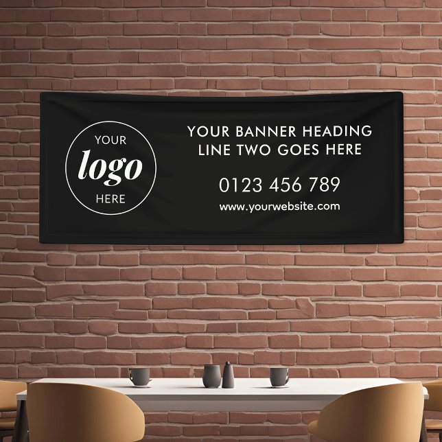 Modern Business Logo Advertising Trade Show Black Banner (Minimalist logo and custom text business marketing banner *mockup background image is Ai generated)
