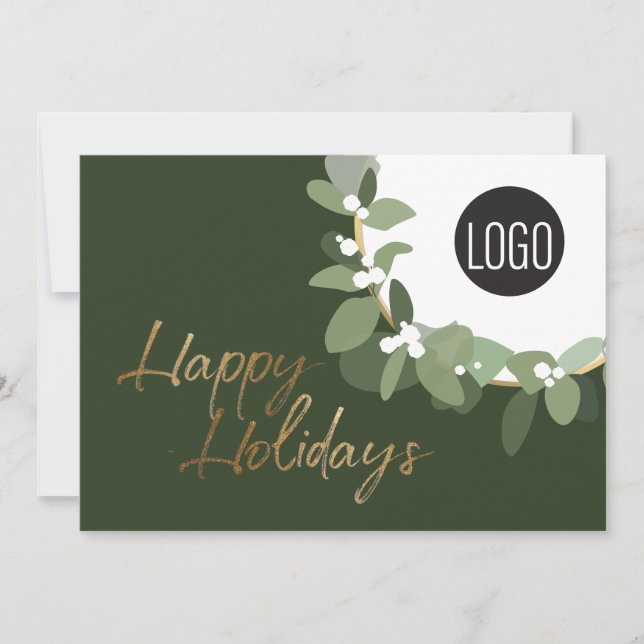 Modern business Logo Faux gold Green Happy Holiday Card (Front)