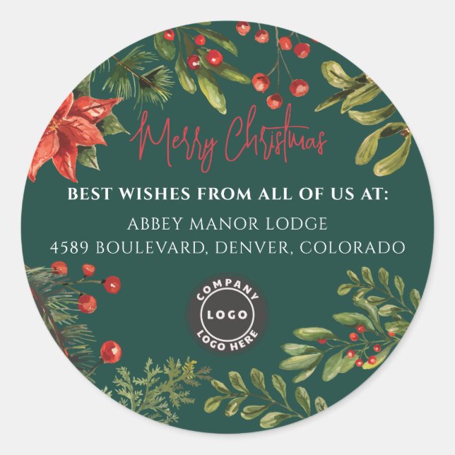 Modern Business Logo Merry Christmas Botanical Classic Round Sticker (Front)