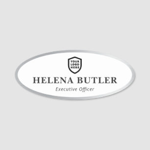Modern Business Logo   Oval Silver Border Name Tag