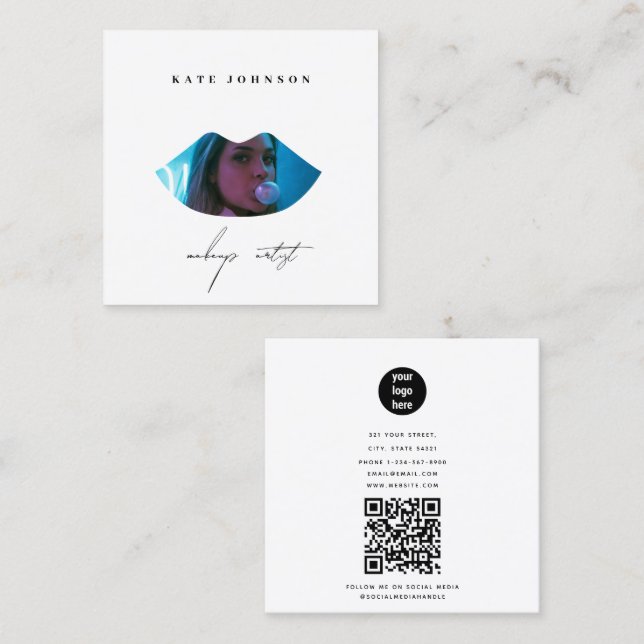 Modern Business Logo Photo Makeup Artist Lip Square Business Card (Front/Back)