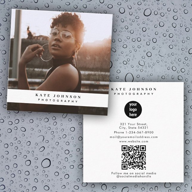 Modern Business Logo Photographer Photo QR Code Square Business Card (Modern Business Logo Photographer Photo QR Code Square Business Card)