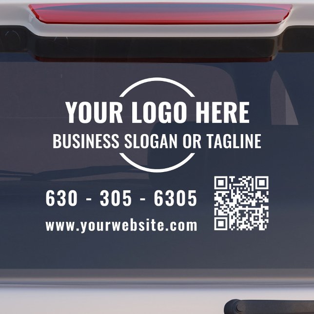Modern Business Logo QR Code White Car Vinyl Window Cling (Modern, professional business car window decal with your logo, QR code and contact details in white.)