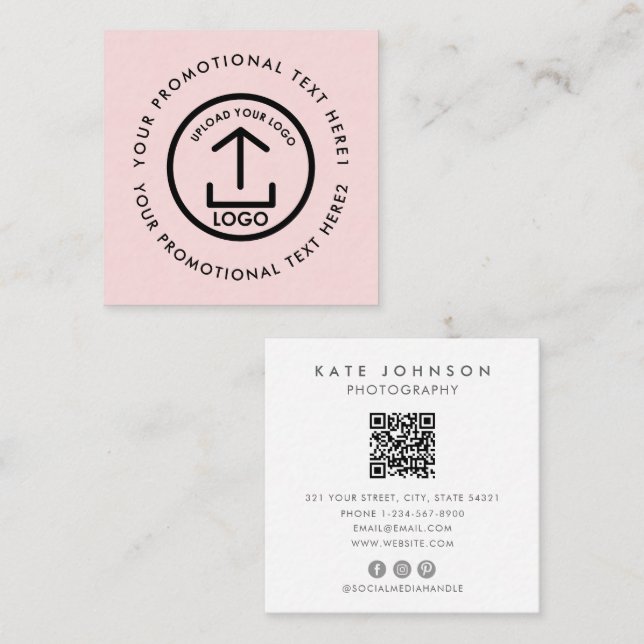 Modern Business Logo Scannable QR Code Blush Pink Square Business Card (Front/Back)