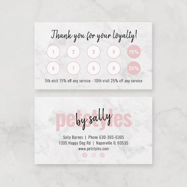 Modern Business Loyalty Card Marble Background (Modern elegant loyalty card with pink details and marbled background.)