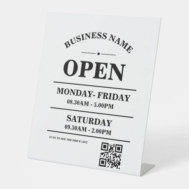 Modern Business opening hours logo and qr code Pedestal Sign (Front)