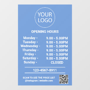 Modern Business Opening Hours Logo Qr Code Blue Window Cling
