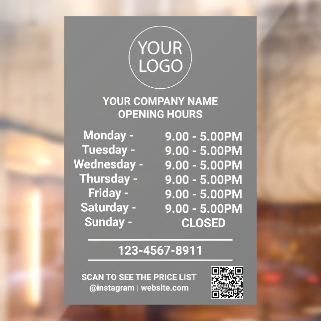 Modern Business Opening Hours Logo Qr Code Grey    Window Cling (Sheet 2)