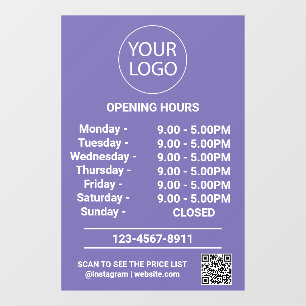 Modern Business Opening Hours Logo Qr Code purple  Window Cling