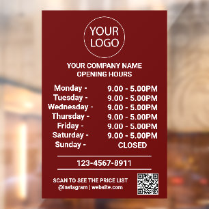 Modern Business Opening Hours Logo Qr Code Red Window Cling
