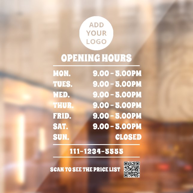 Modern Business Opening Hours Logo & QR Code  Window Cling (Sheet 2)