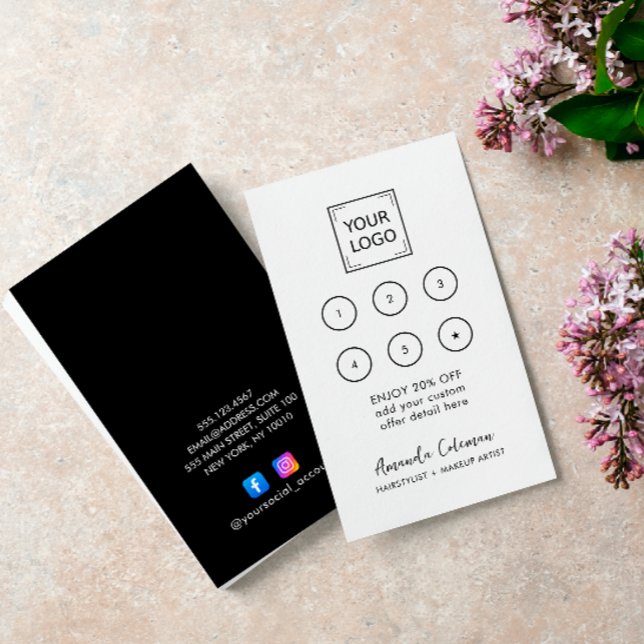 Modern Business Reward 6 Punch Logo white black Business Card (6 punch with your logo loyalty card. Instagram FACEBOOK ACCOUNT ICONS)