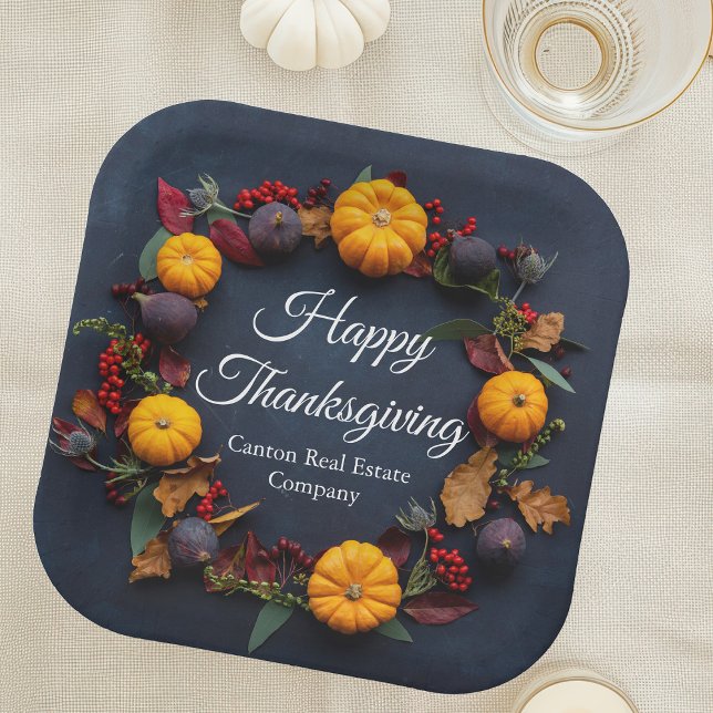 Modern Business Thanksgiving Pumpkin Wreath Party Paper Plate (Creator Uploaded)