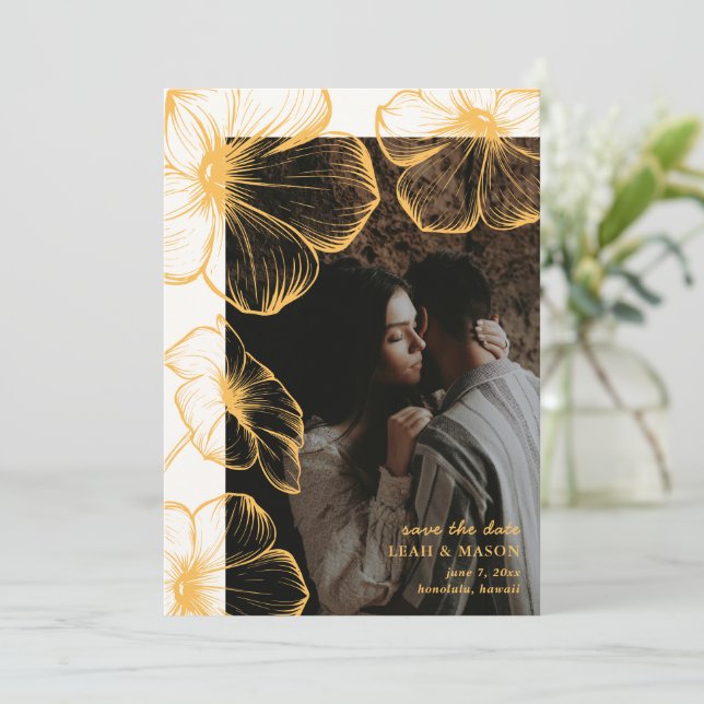 Modern Butter Yellow Floral Photo Elegant Wedding Save The Date (Standing Front)