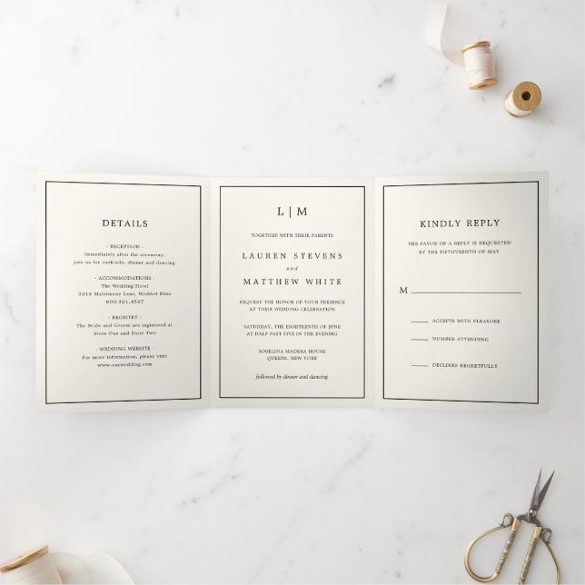 Modern Butter Yellow Monogram Elegant Wedding Tri-Fold Invitation (Inside)