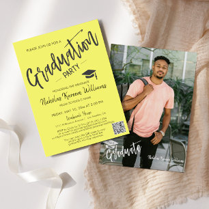 Modern Butter Yellow QR Code Photo Graduation Invitation