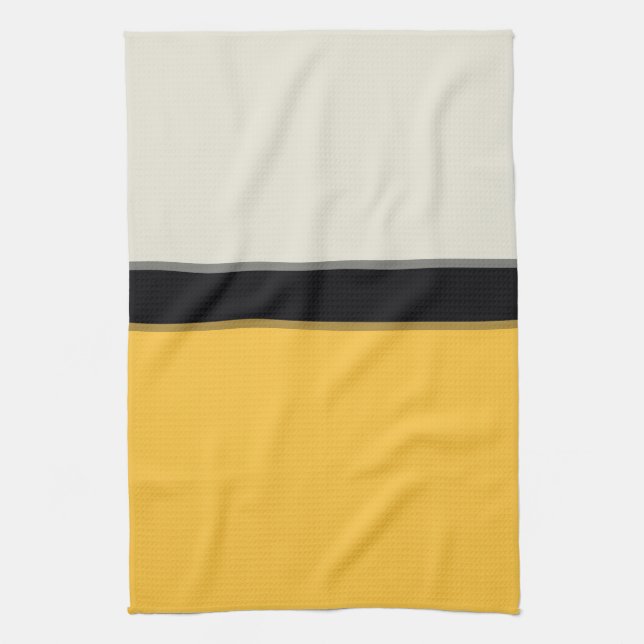 Modern Butter Yellow Silver Grey Black Stripes Tea Towel (Vertical)